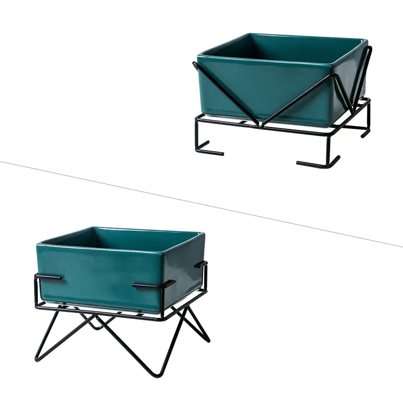 Ceramic Double Cat Bowl with Iron Stand for Pets