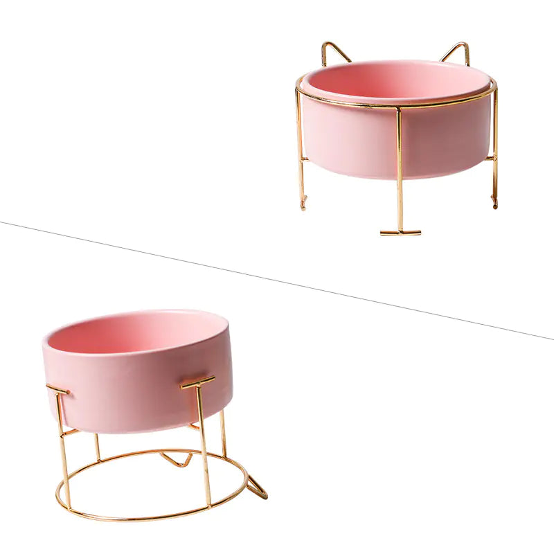 Ceramic Double Cat Bowl with Iron Stand for Pets