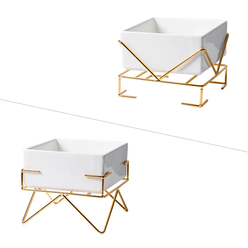 Ceramic Double Cat Bowl with Iron Stand for Pets