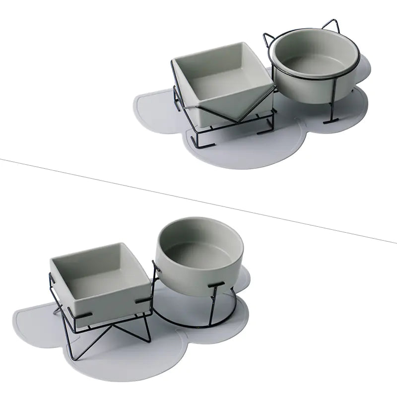 Ceramic Double Cat Bowl with Iron Stand for Pets