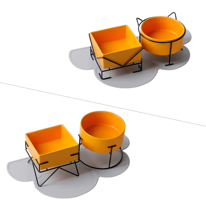 Ceramic Double Cat Bowl with Iron Stand for Pets