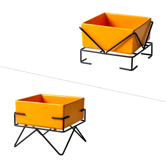 Ceramic Double Cat Bowl with Iron Stand for Pets