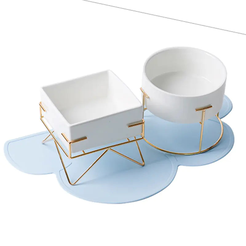 Ceramic Double Cat Bowl with Iron Stand for Pets