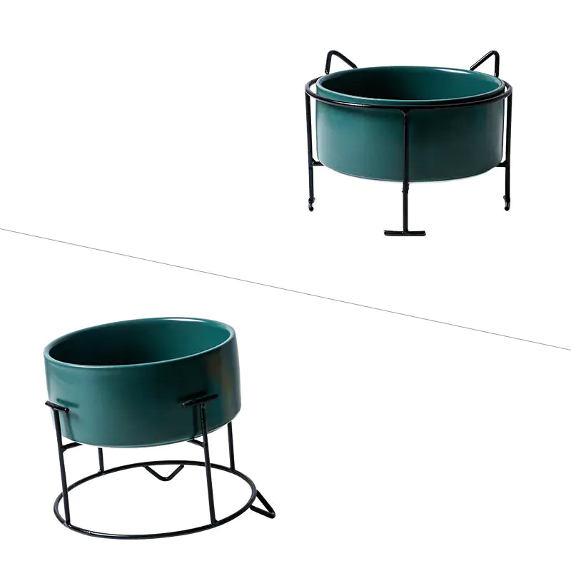 Ceramic Double Cat Bowl with Iron Stand for Pets