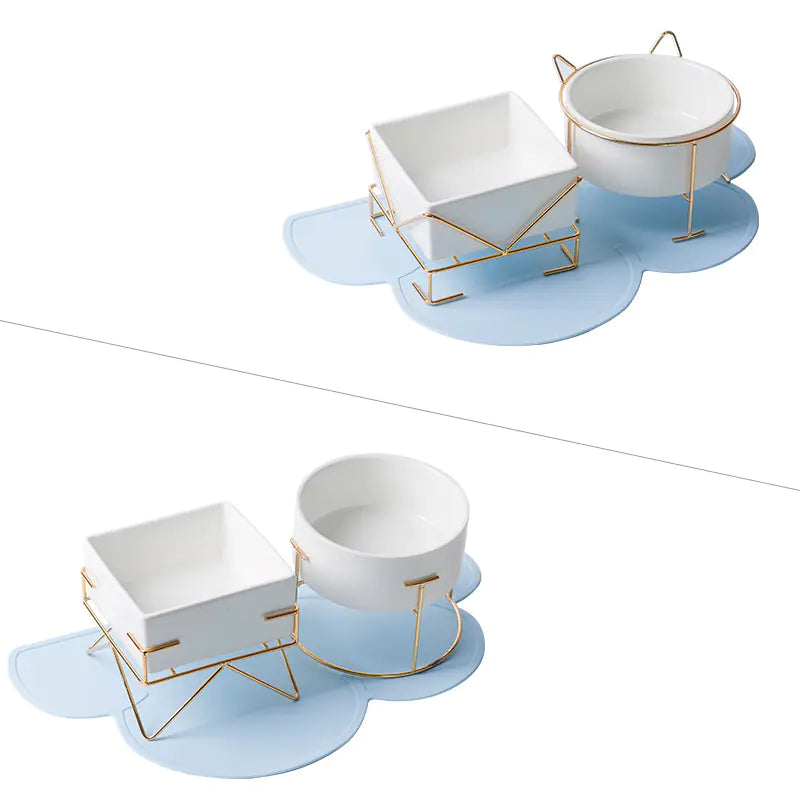 Ceramic Double Cat Bowl with Iron Stand for Pets