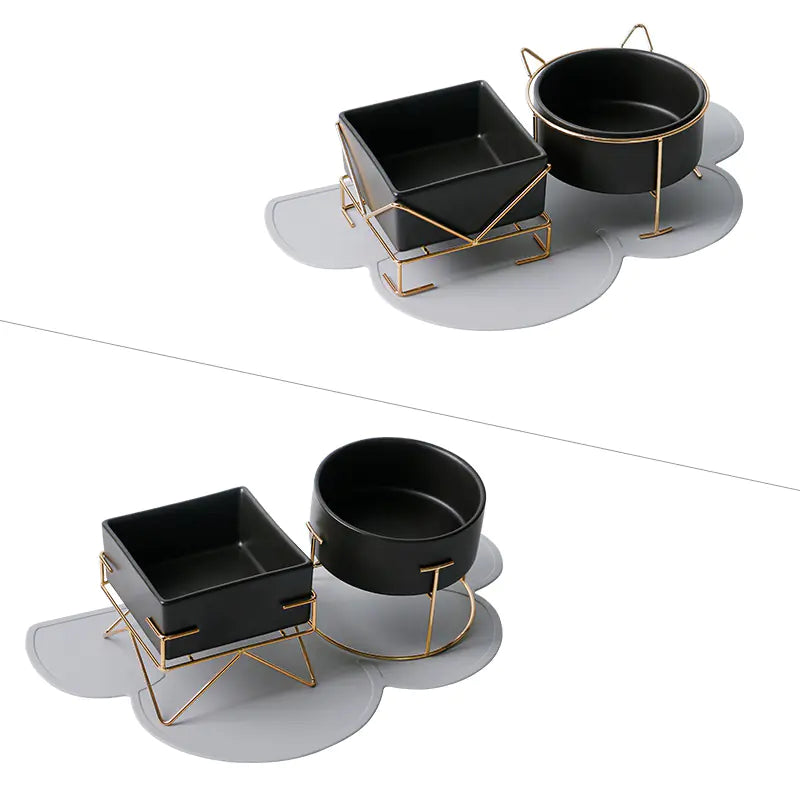 Ceramic Double Cat Bowl with Iron Stand for Pets